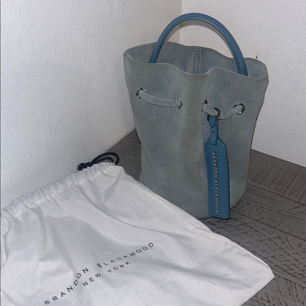 Brandon Blackwood Light Blue-Grey Suede Mini Bucket Bag